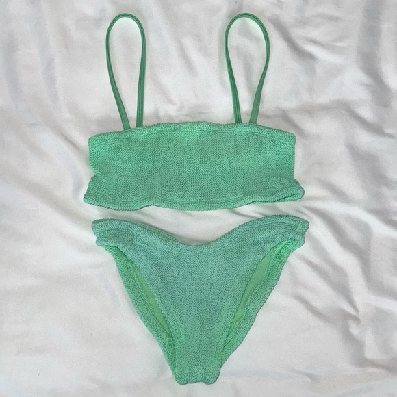 Hunza G Bikini Set Lime Green Neon Bright Crinkle Stretch Swimsuit - Picture 9 of 9